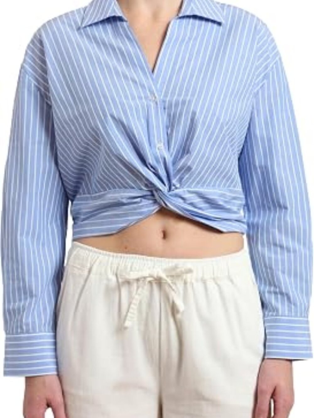 Women's Striped Twist Front Crop Button-Up Shirt Long Sleeve Casual Blouse S
